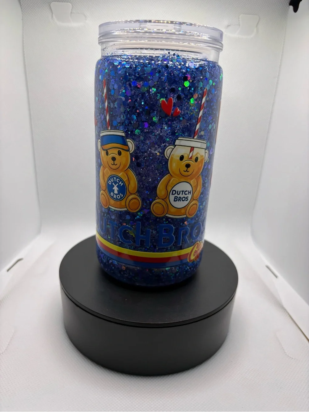 Dutch Bros Blue Glitter Coffee Tumbler with Bear Design